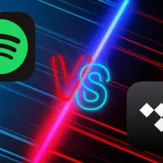 Logo Spotify i Tidal na tle neonowego napisu VS.