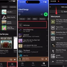 Ekran telefonu z aplikacją Spotify, pokazujący dodawanie piosenek do playlisty.