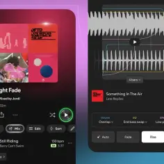 Dwa ekrany aplikacji Spotify: jeden z playlistą, drugi z edycją utworu.