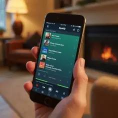 Dłoń trzyma smartfon z otwartą aplikacją Spotify, na tle kominka.
