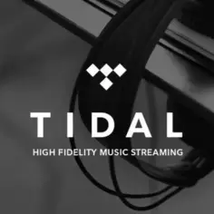 Logo TIDAL z napisem "HIGH FIDELITY MUSIC STREAMING" na tle słuchawek.